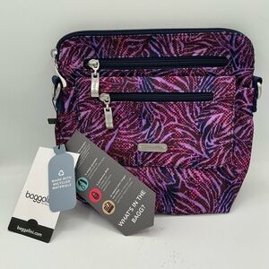Baggallini Let's Escape crossbody bag, purple zebra print, RFID protection NWT